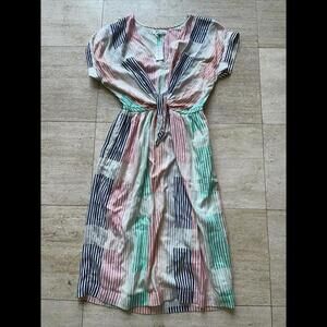 Lou & Grey Striped Geo Tie Waist Midi‎ Dress Size S Multicolor Pockets NWT